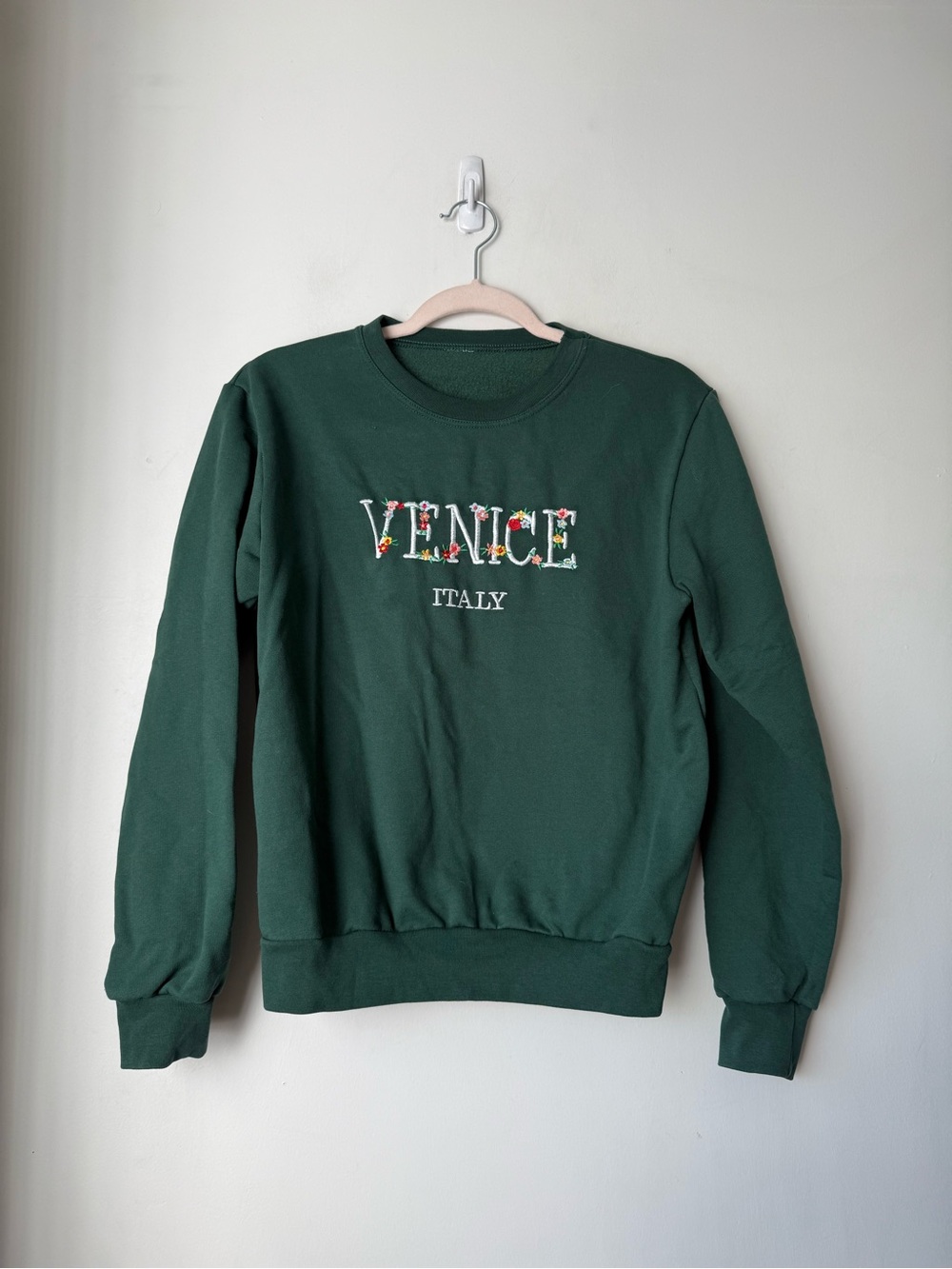 Venice Italy Green Floral Embroidered Crew Neck Sweatshirt S